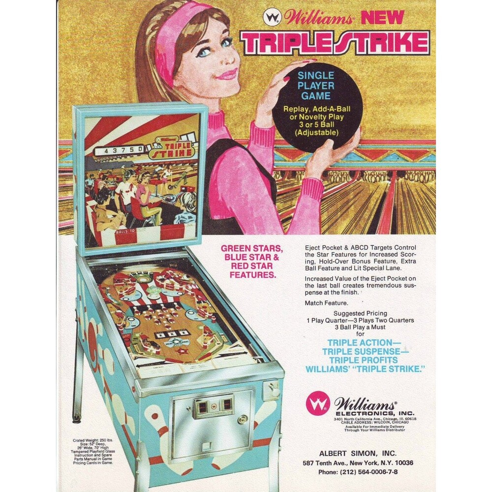 Williams Triple Strike Pinball Machine Original Sales Flyer Ad Vintage Arcade